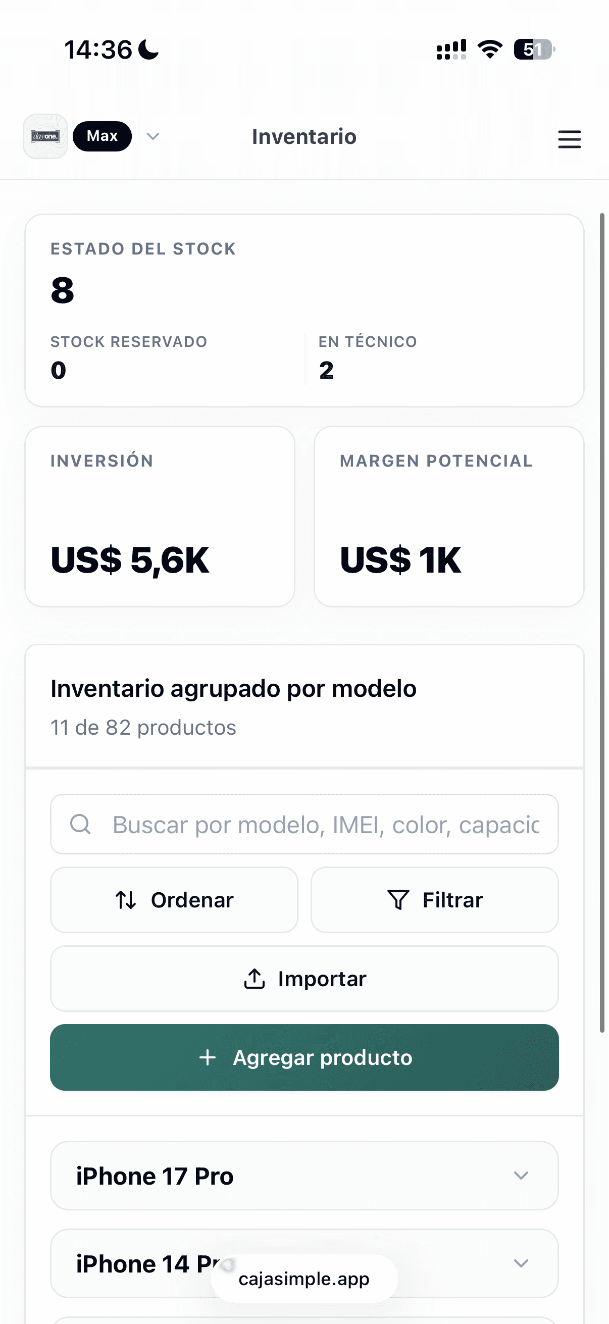 Inventario móvil real de Caja Simple con stock, inversión y margen potencial