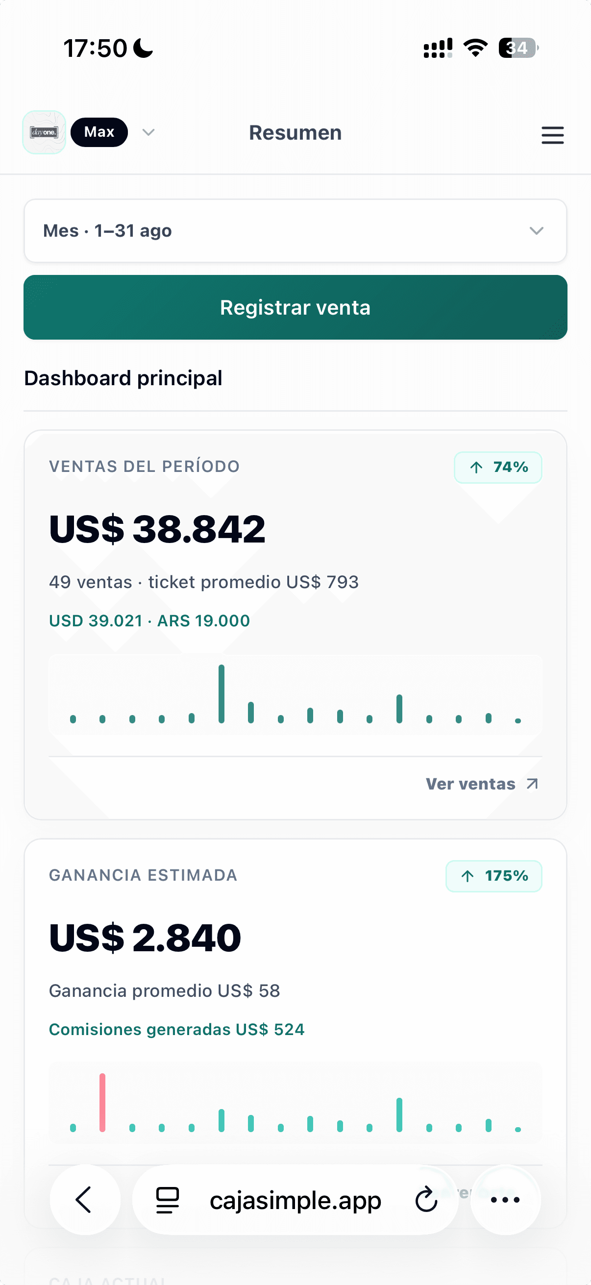 Resumen móvil real de Caja Simple con ventas y ganancia del período
